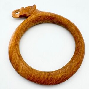 Hand Carved Wood Elephant Bangle Bracelet Natural Brown Trunk Up Boho Jewelry